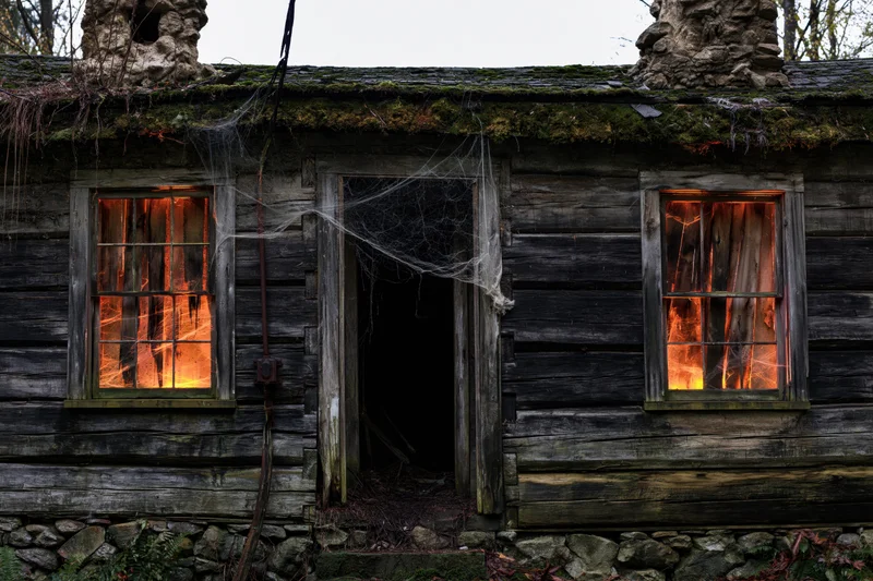 Abandoned log cabin with glowing windows and cobwebs at dusk in a forest
