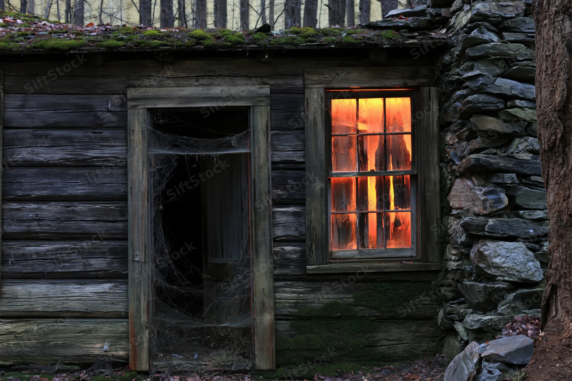 Abandoned log cabin with glowing window and cobwebbed door in forest