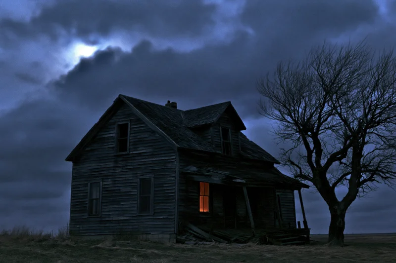 Abandoned wooden farmhouse with glowing window in open field at night