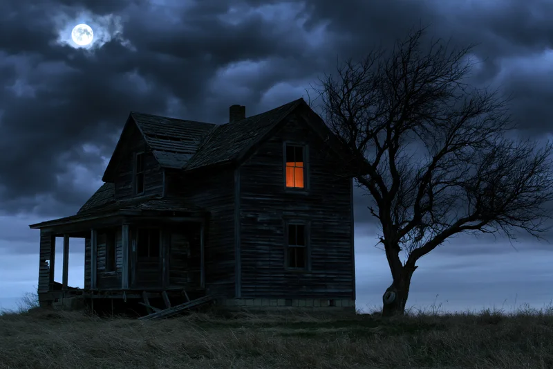 Abandoned wooden farmhouse with glowing window at night in open field