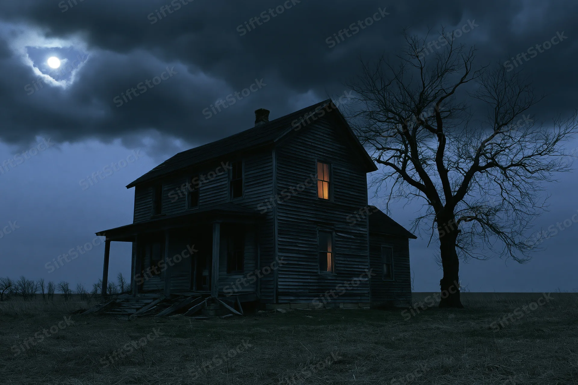 Abandoned wooden farmhouse with lit window in open field at night under moonlit sky