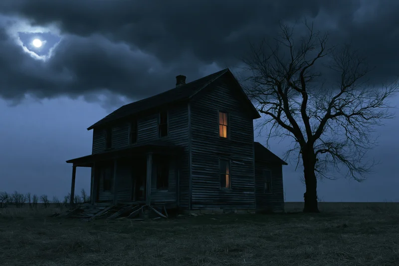 Abandoned wooden farmhouse with lit window in open field at night under moonlit sky