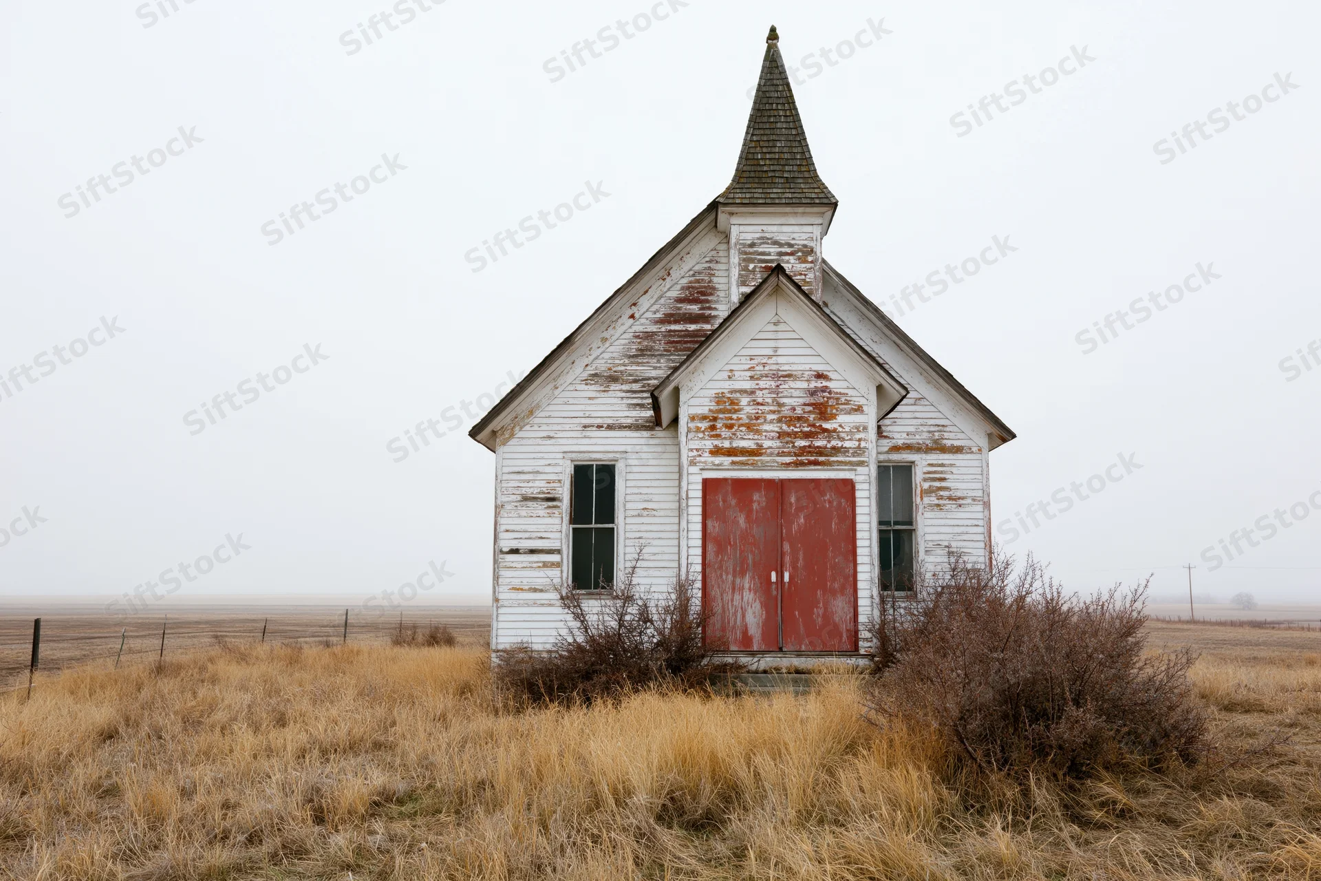 Abandoned white clapboard church with pointed steeple and red doors in a foggy rural field