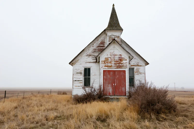 Abandoned white clapboard church with pointed steeple and red doors in a foggy rural field