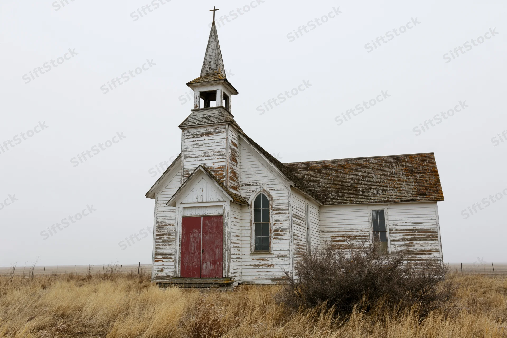 Abandoned white clapboard church with pointed steeple standing in dry grass field
