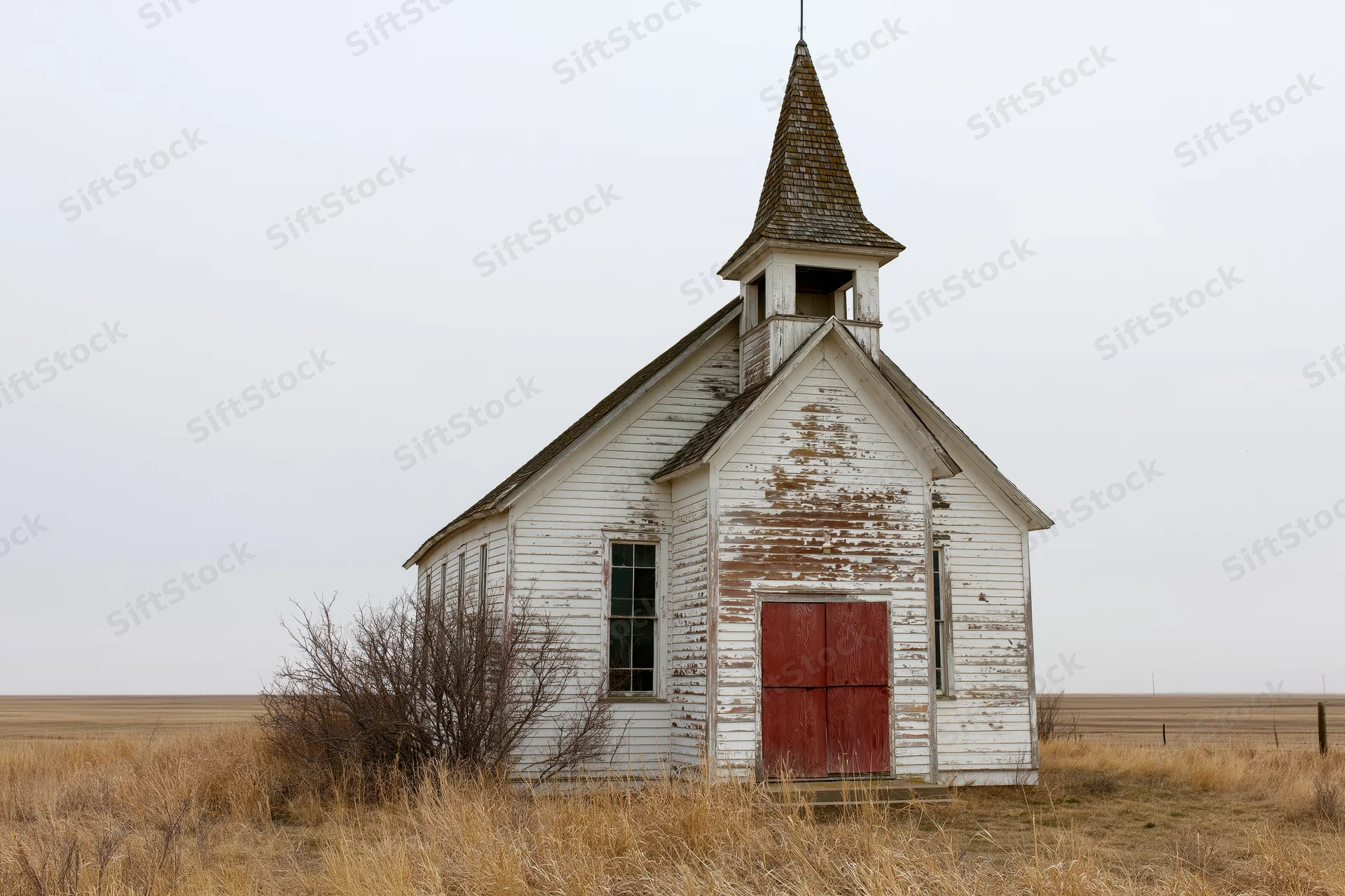 Abandoned white clapboard church with pointed steeple standing in a dry grassy field under overcast sky