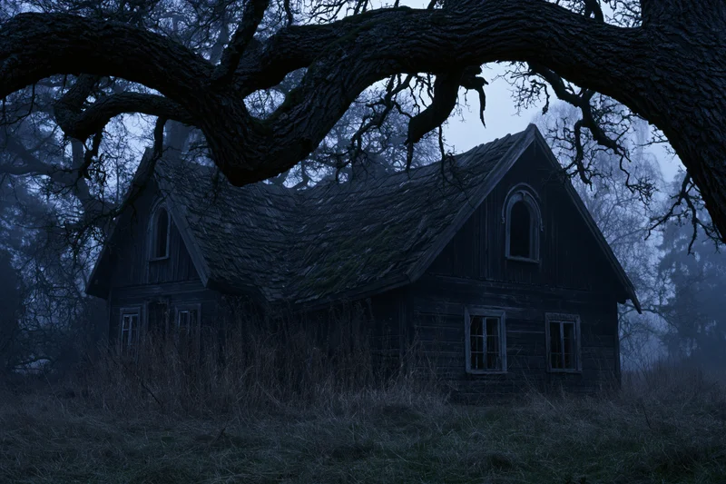 Abandoned wooden cottage with sagging roof and broken windows in a misty forest at twilight