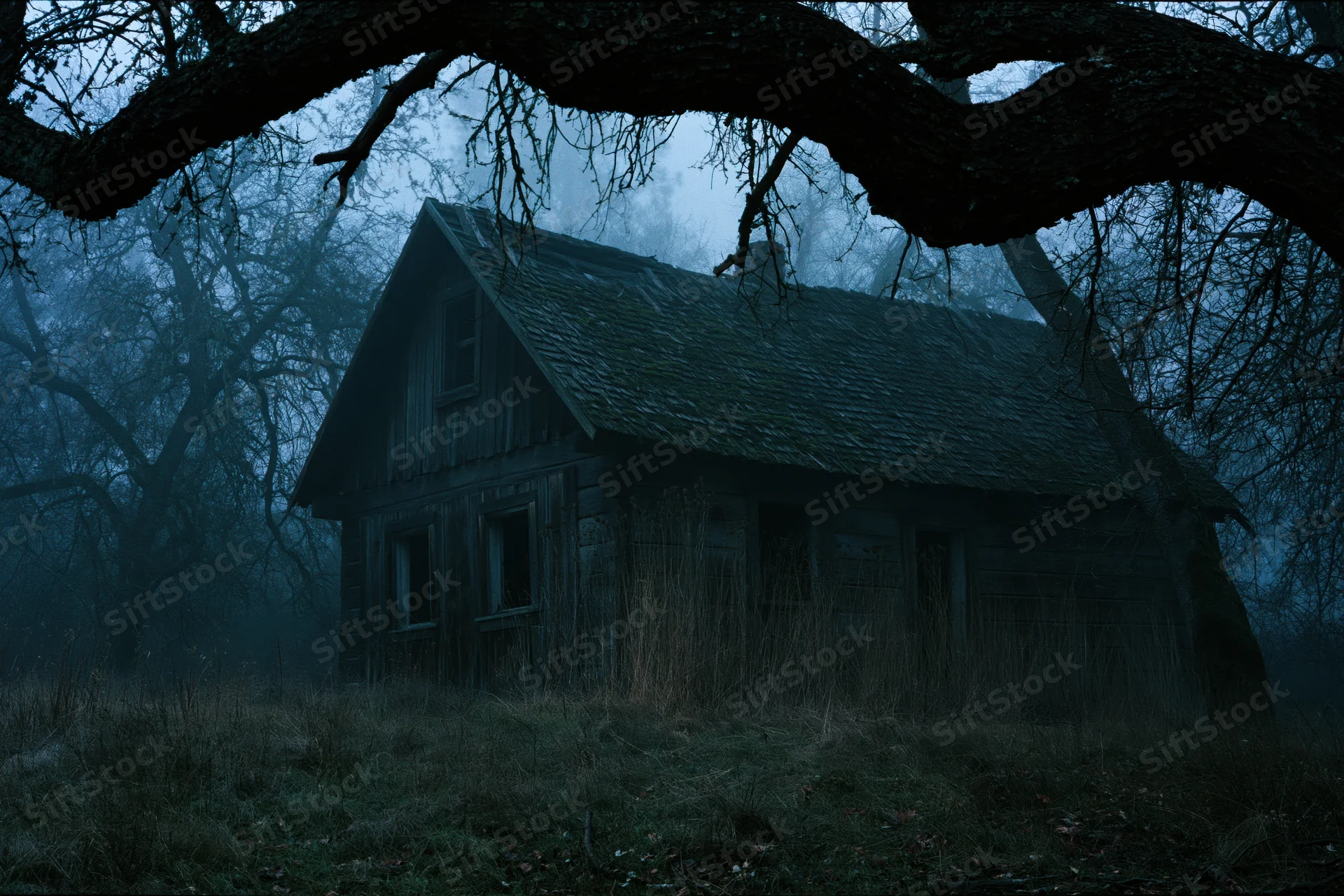 Abandoned wooden cottage with sagging roof and broken windows in a foggy forest at night