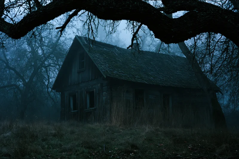 Abandoned wooden cottage with sagging roof and broken windows in a foggy forest at night