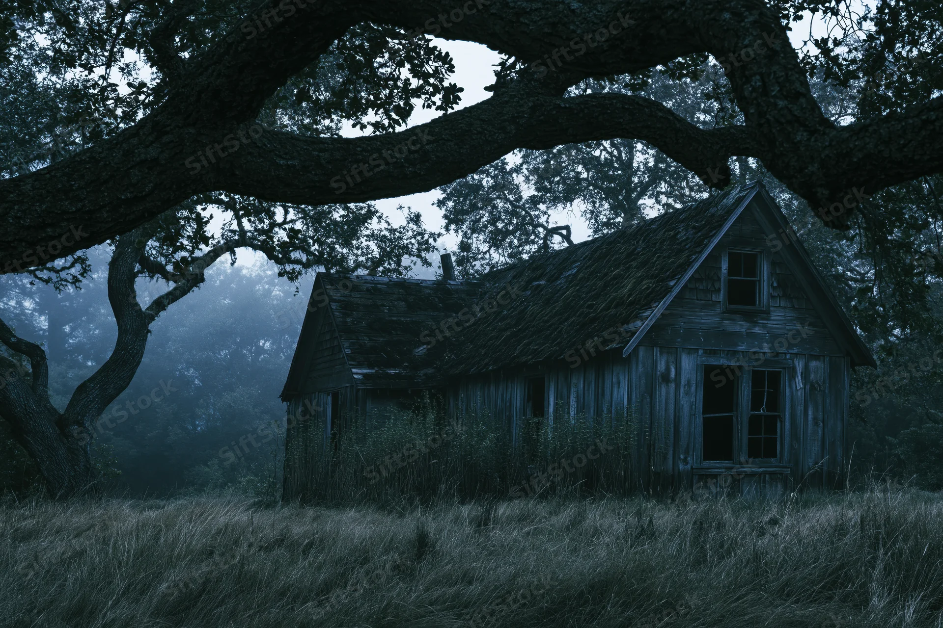Abandoned wooden cottage with sagging roof and broken windows surrounded by overgrown grass and large tree branches in misty forest