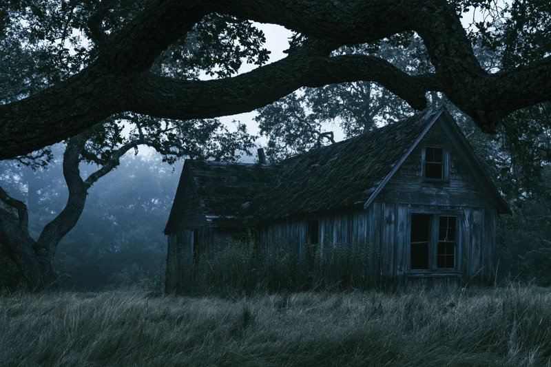 Abandoned wooden cottage with sagging roof and broken windows surrounded by overgrown grass and large tree branches in misty forest