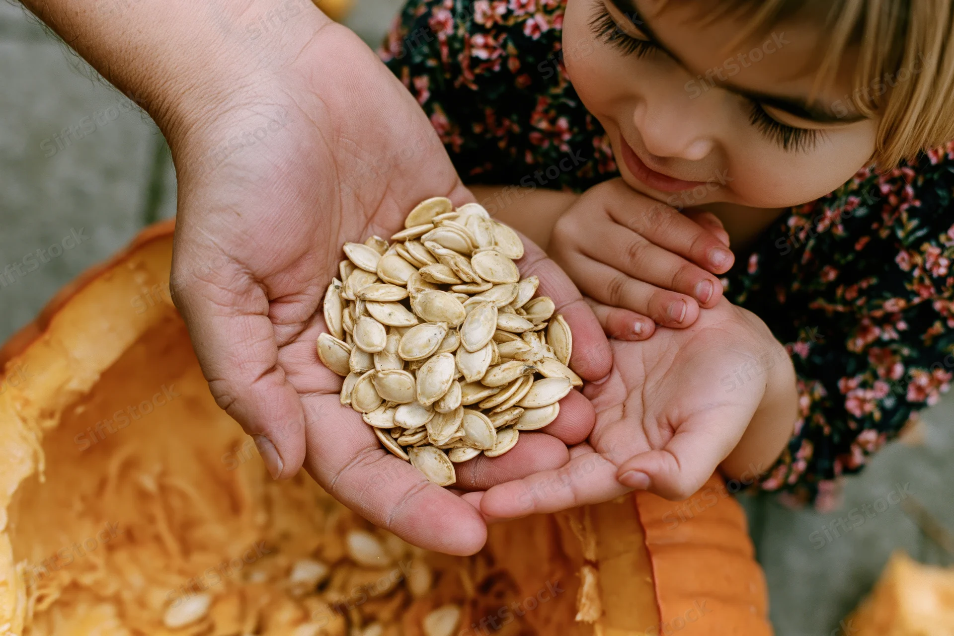 Child and adult hands cupped together holding pumpkin seeds over a carved pumpkin