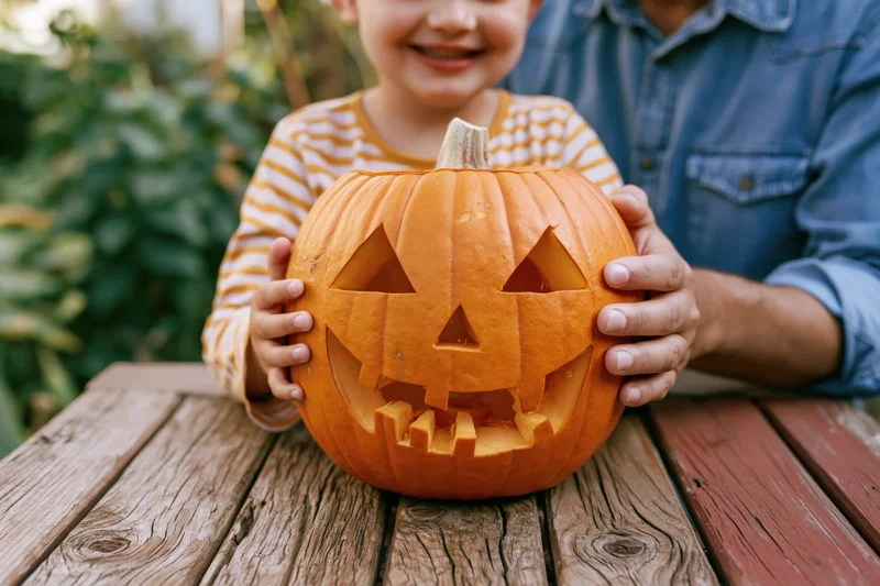 Child and adult holding carved jack-o-lantern on wooden table outdoors
