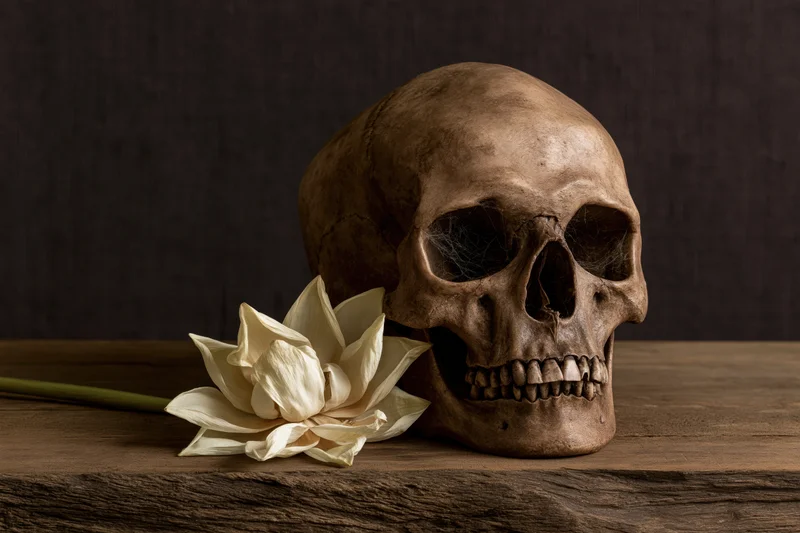 Aged human skull with cobwebs in eye sockets beside a white lotus flower on wooden table