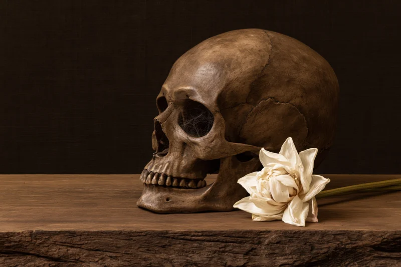 Aged human skull with cobwebs in eye socket beside white flower on wooden table