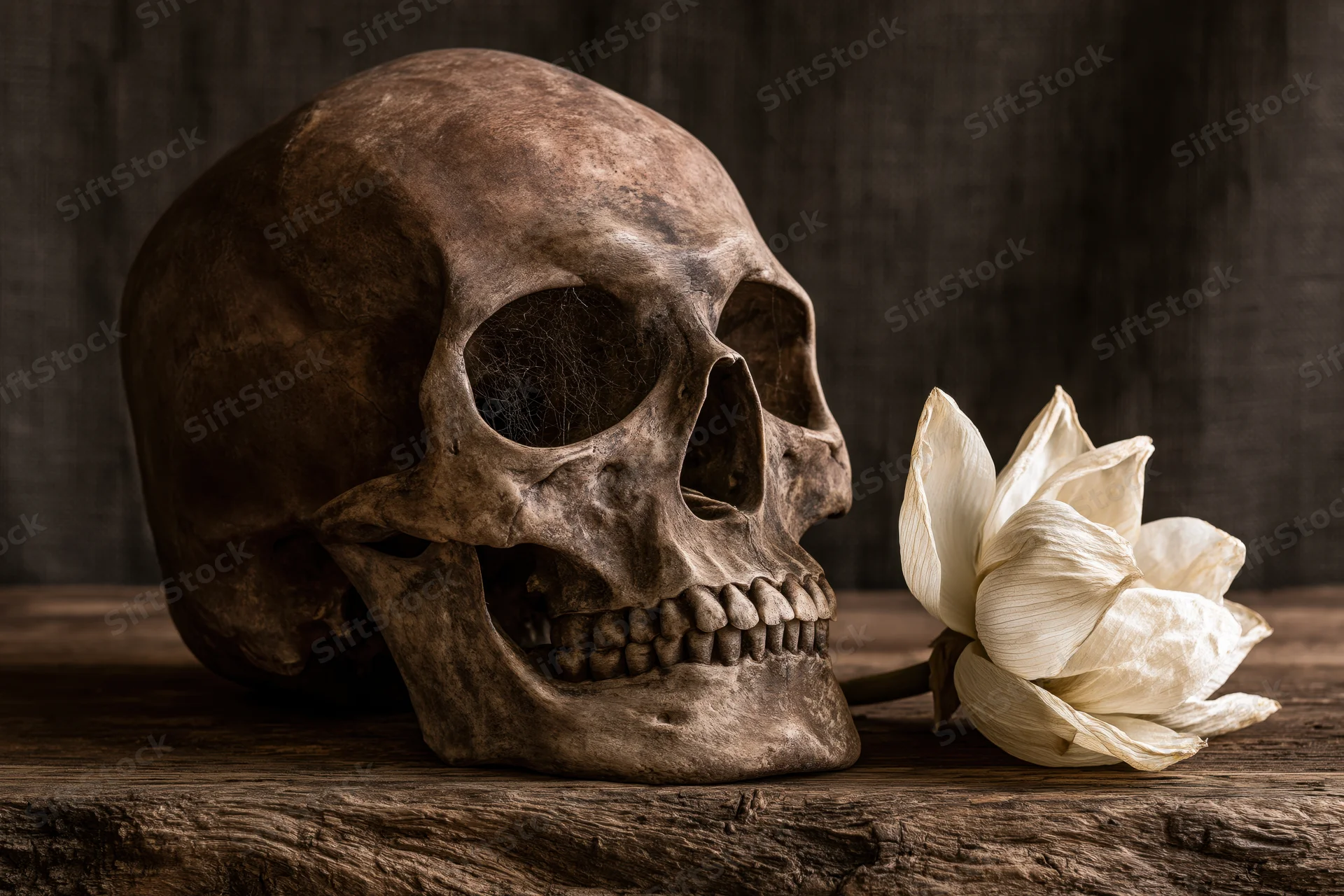 Aged human skull with cobwebs in eye socket beside dried white lotus flower on wooden table