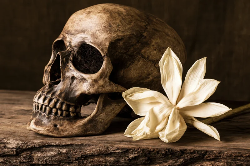 Aged human skull with cobwebs in eye socket beside dried flower on wooden table