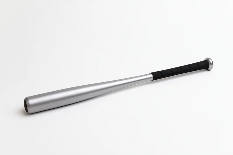 Aluminum baseball bat lying diagonally on white background