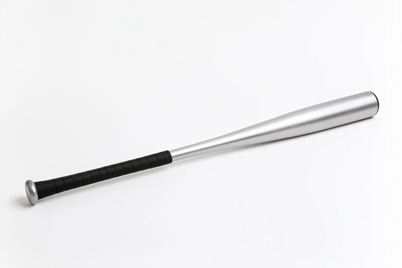 Aluminum baseball bat lying diagonally on white background