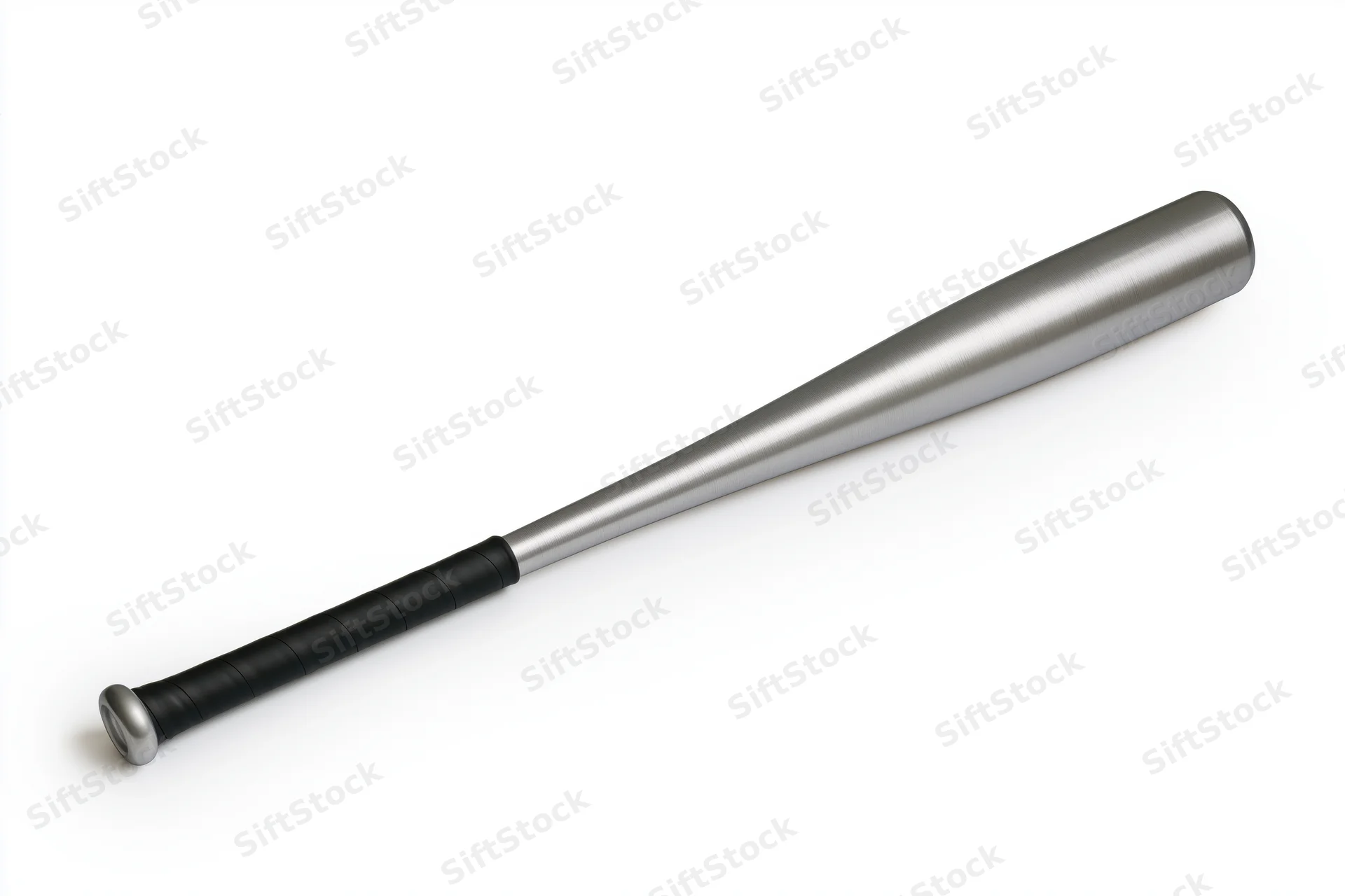 Aluminum baseball bat lying diagonally on white background