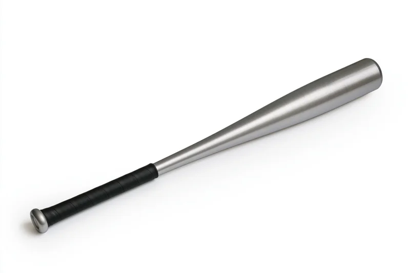 Aluminum baseball bat lying diagonally on white background