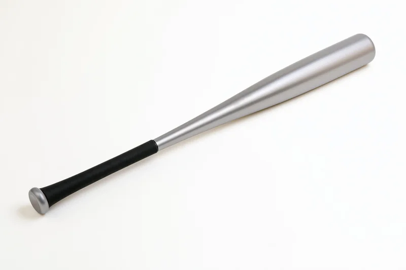 Aluminum baseball bat lying diagonally on white background