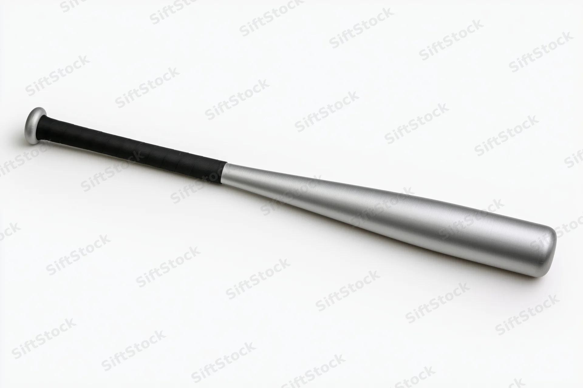 Aluminum baseball bat lying diagonally on white background