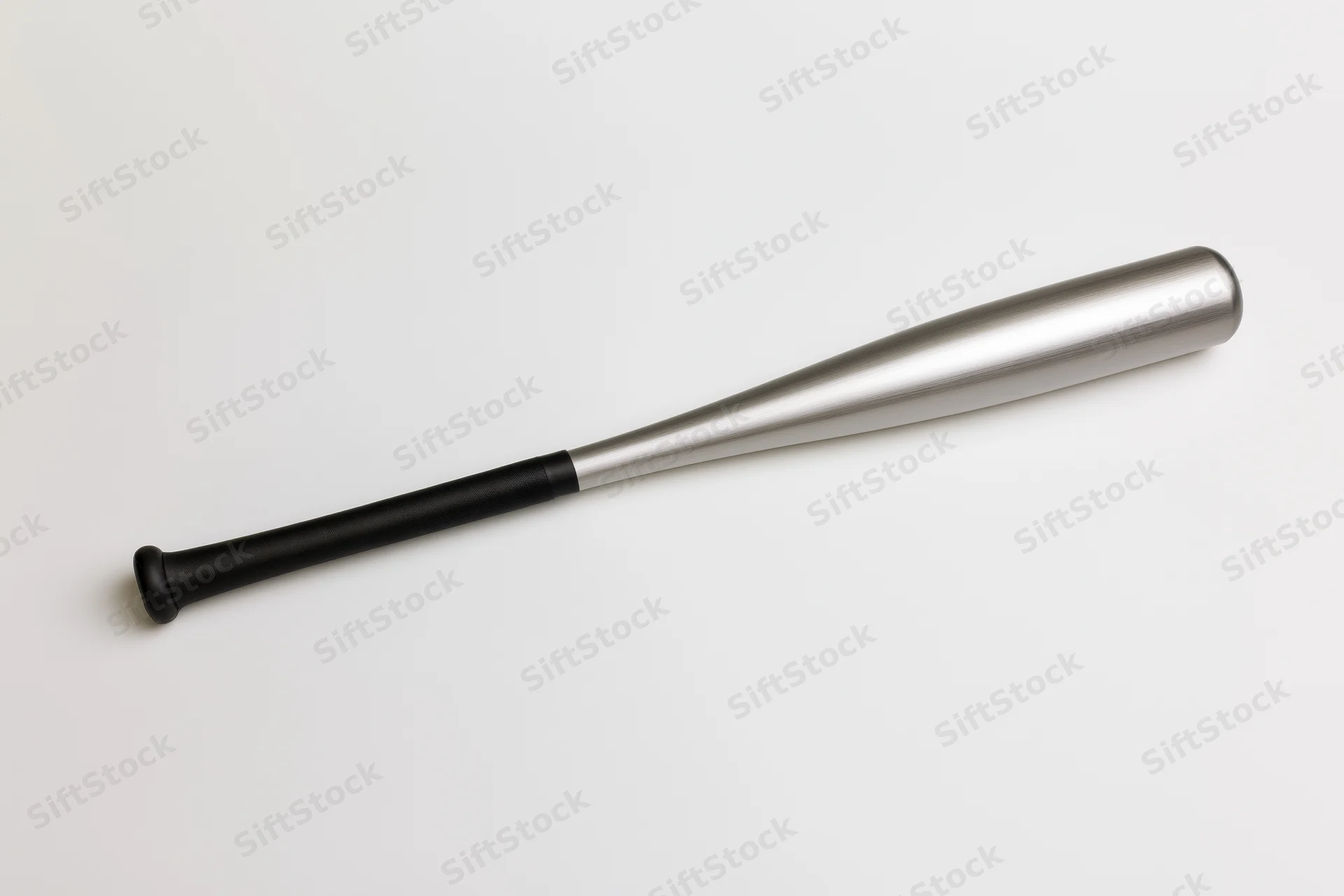 Aluminum baseball bat lying diagonally on plain white surface