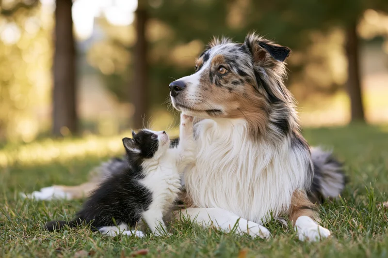 Australian Shepherd dog lying on grass with a small black and white kitten playfully touching its face