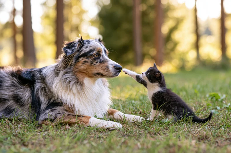 Australian Shepherd dog lying on grass with a black and white kitten touching its nose in a sunlit forest meadow