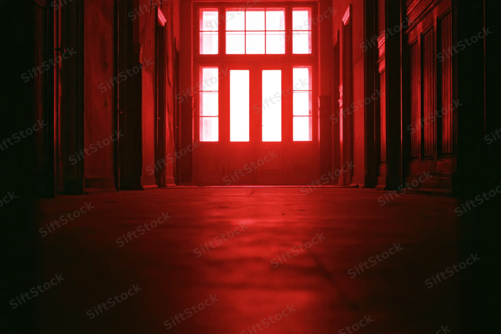 Empty institutional corridor lit in red light leading to a large multi-paned door at the end