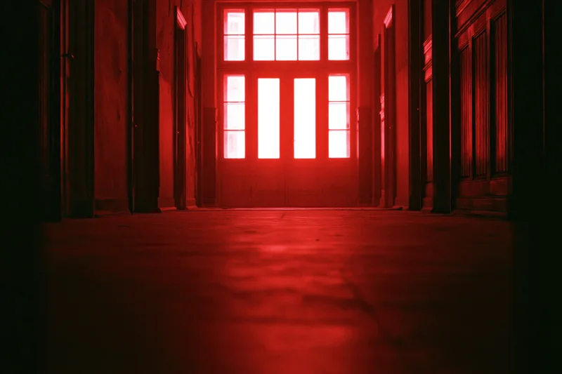 Empty institutional corridor lit in red light leading to a large multi-paned door at the end