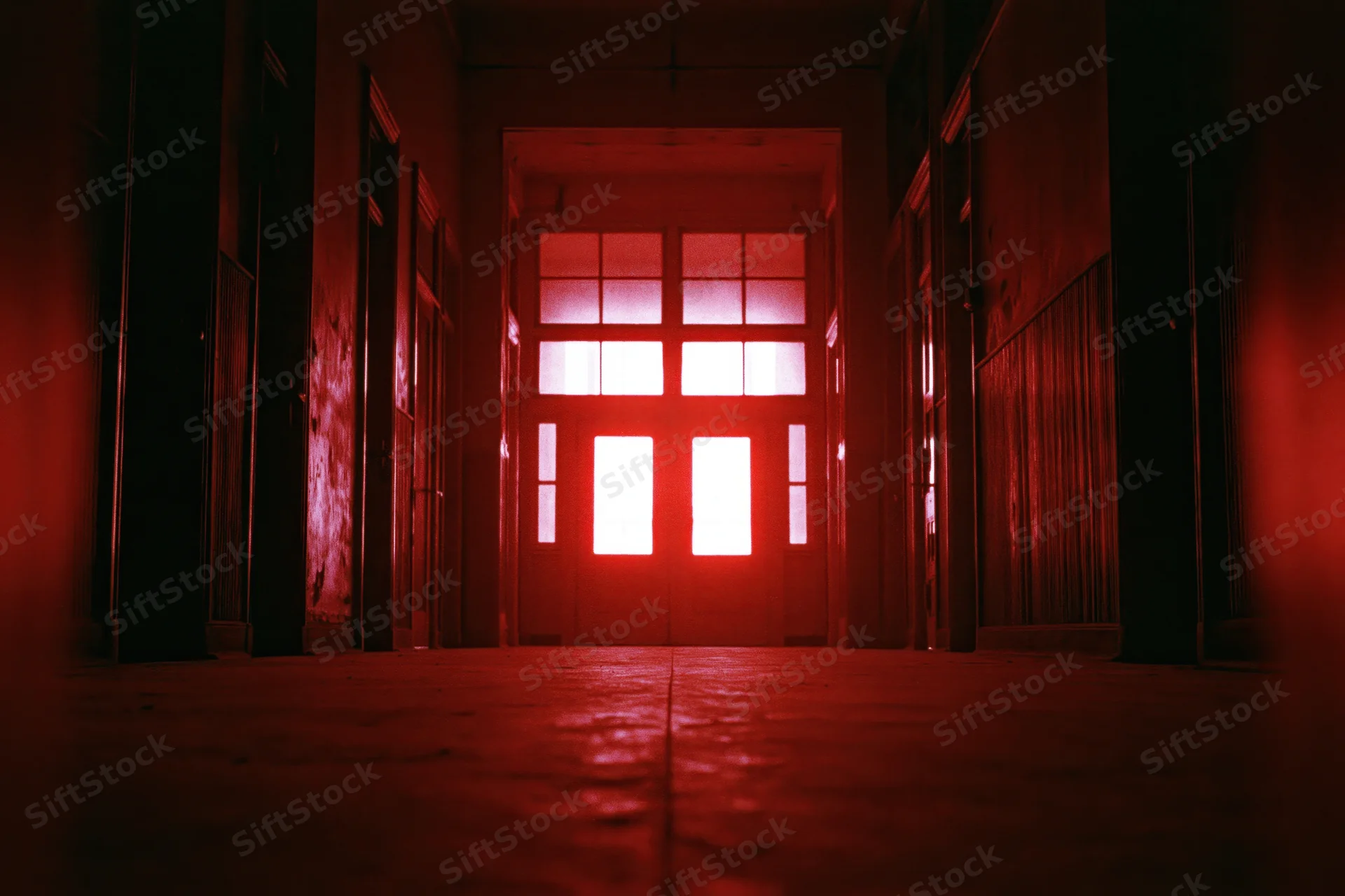 Empty institutional corridor lit in red leading to a multi-paned door at the end
