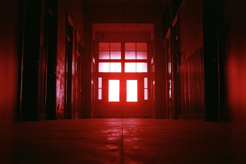 Empty institutional corridor lit in red leading to a multi-paned door at the end