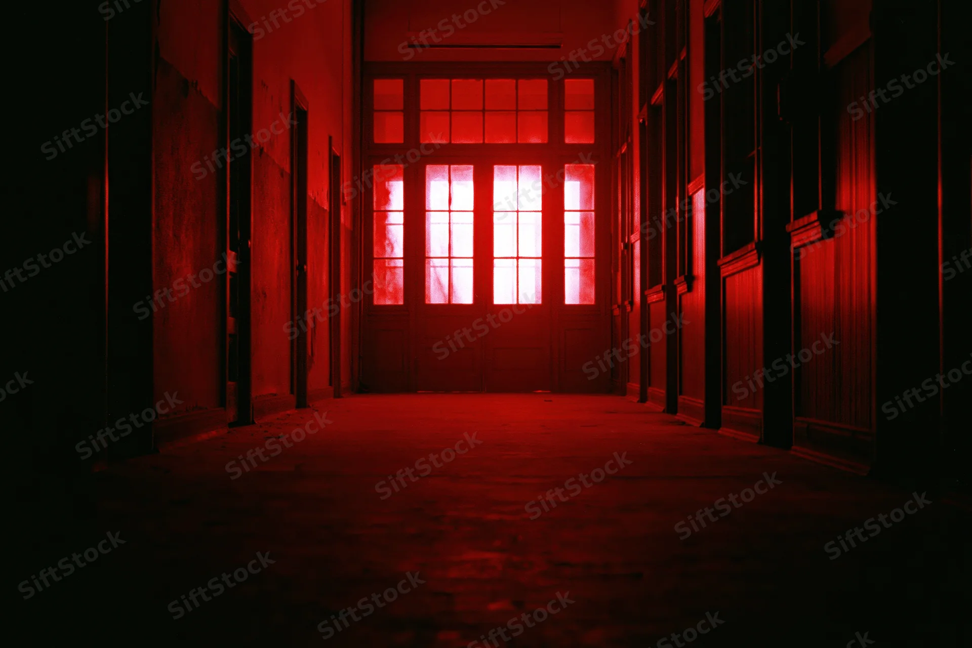 Empty institutional corridor lit in red light leading to a large multi-paned door at the end