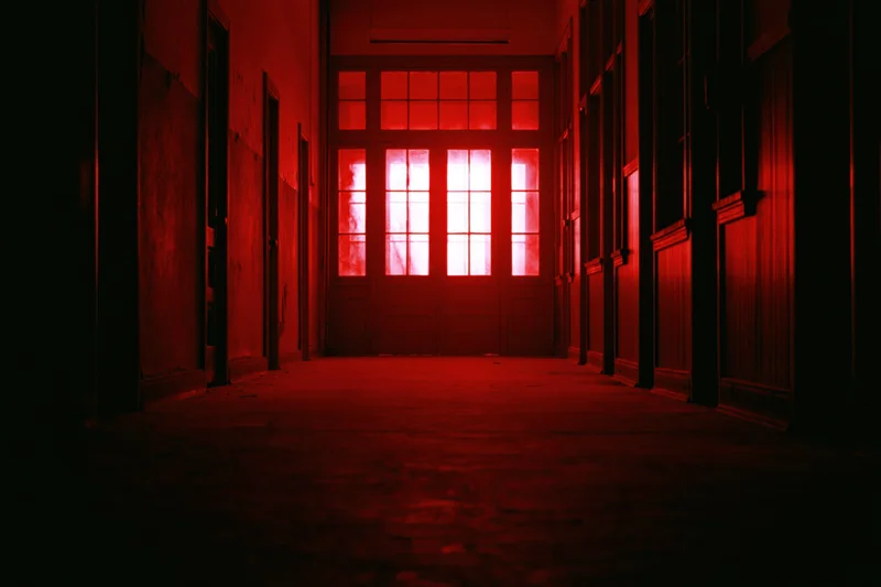 Empty institutional corridor lit in red light leading to a large multi-paned door at the end