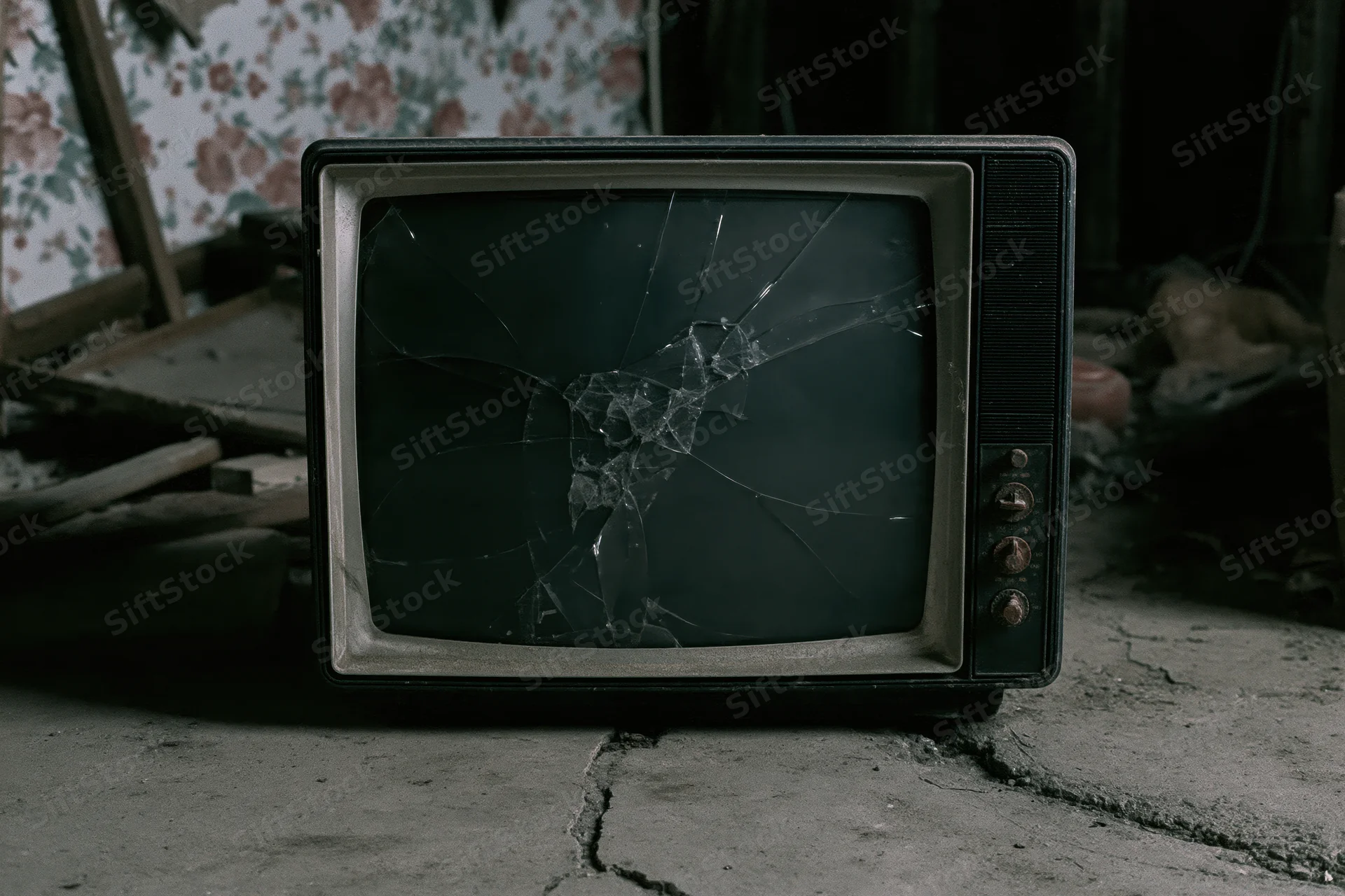 Old crt television with shattered screen sitting on cracked concrete floor in abandoned room