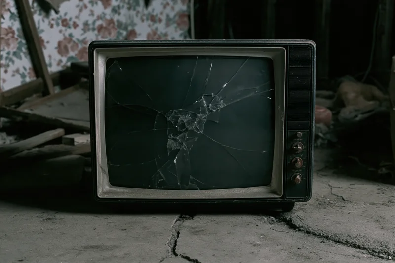 Old crt television with shattered screen sitting on cracked concrete floor in abandoned room