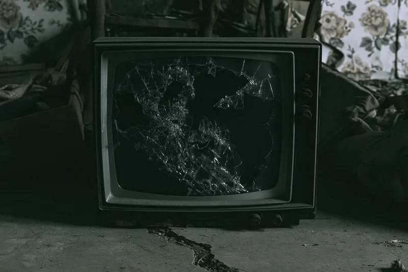 Broken vintage crt television with shattered screen sitting on cracked concrete floor in dimly lit abandoned room