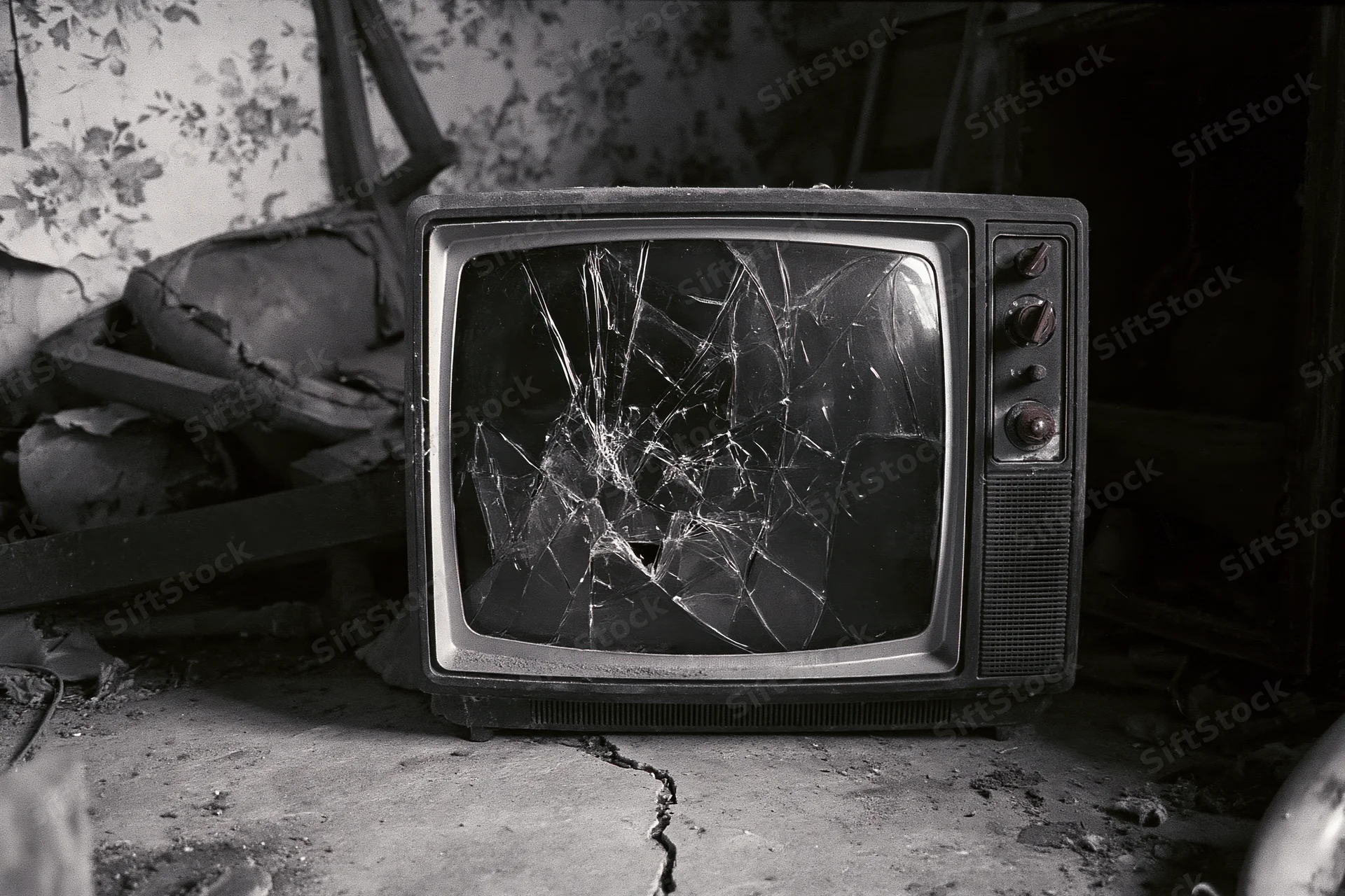 Broken vintage crt television with shattered screen sitting on cracked concrete floor in derelict room