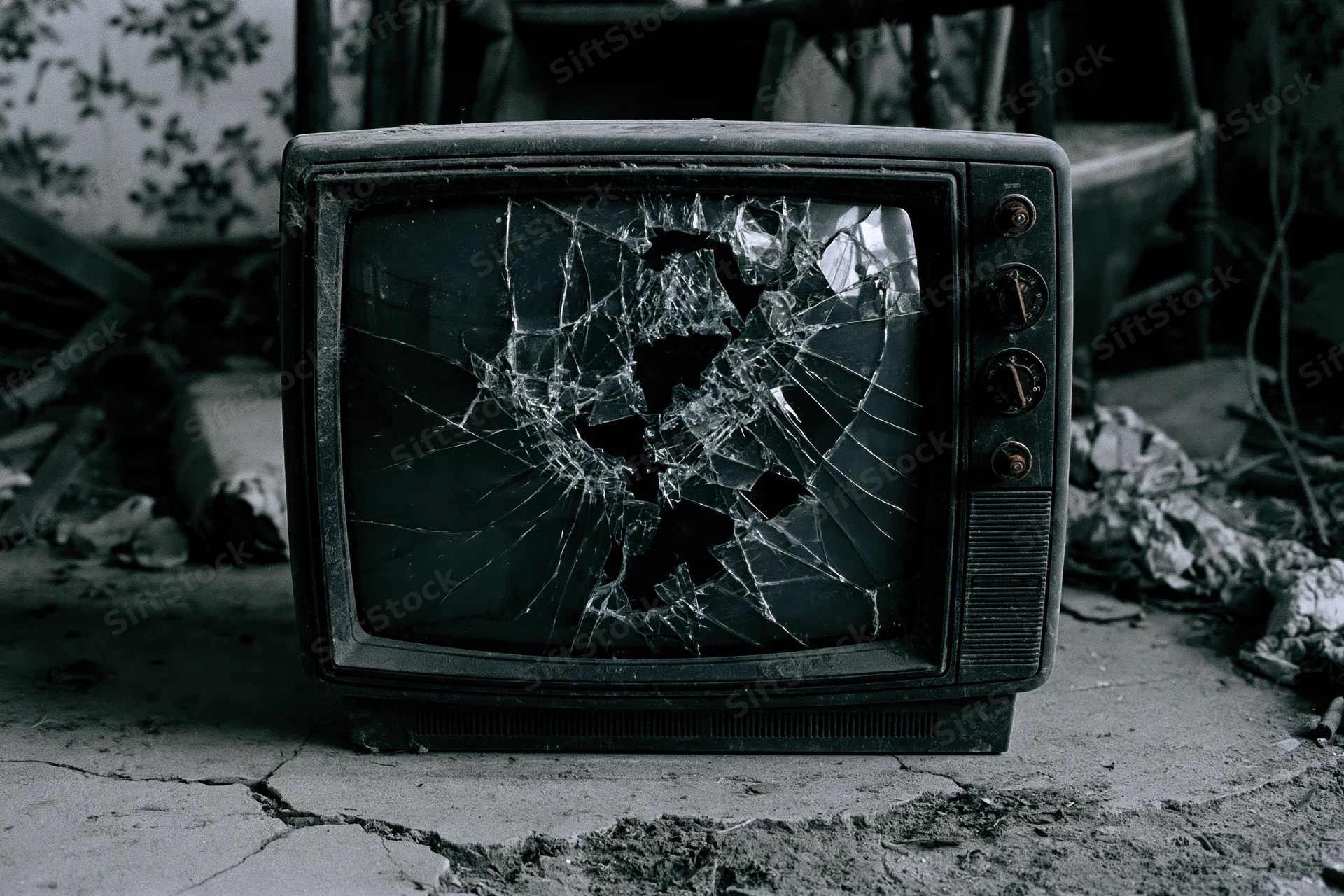 Broken old crt television with shattered screen sitting on cracked concrete floor among rubble