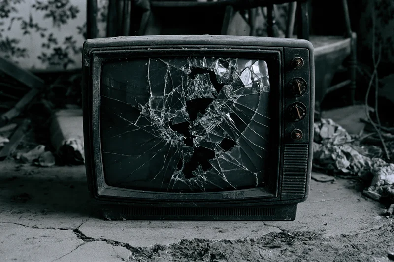 Broken old crt television with shattered screen sitting on cracked concrete floor among rubble