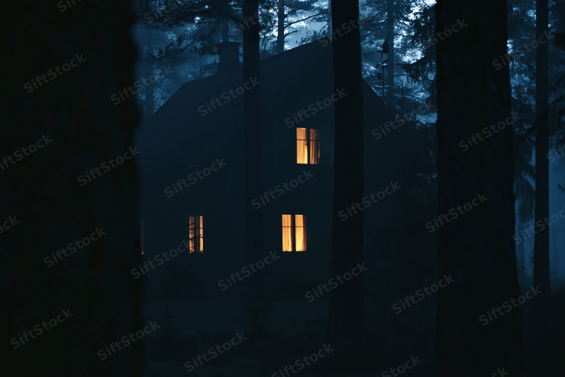 Old wooden house with glowing windows seen through dense pine trees at night