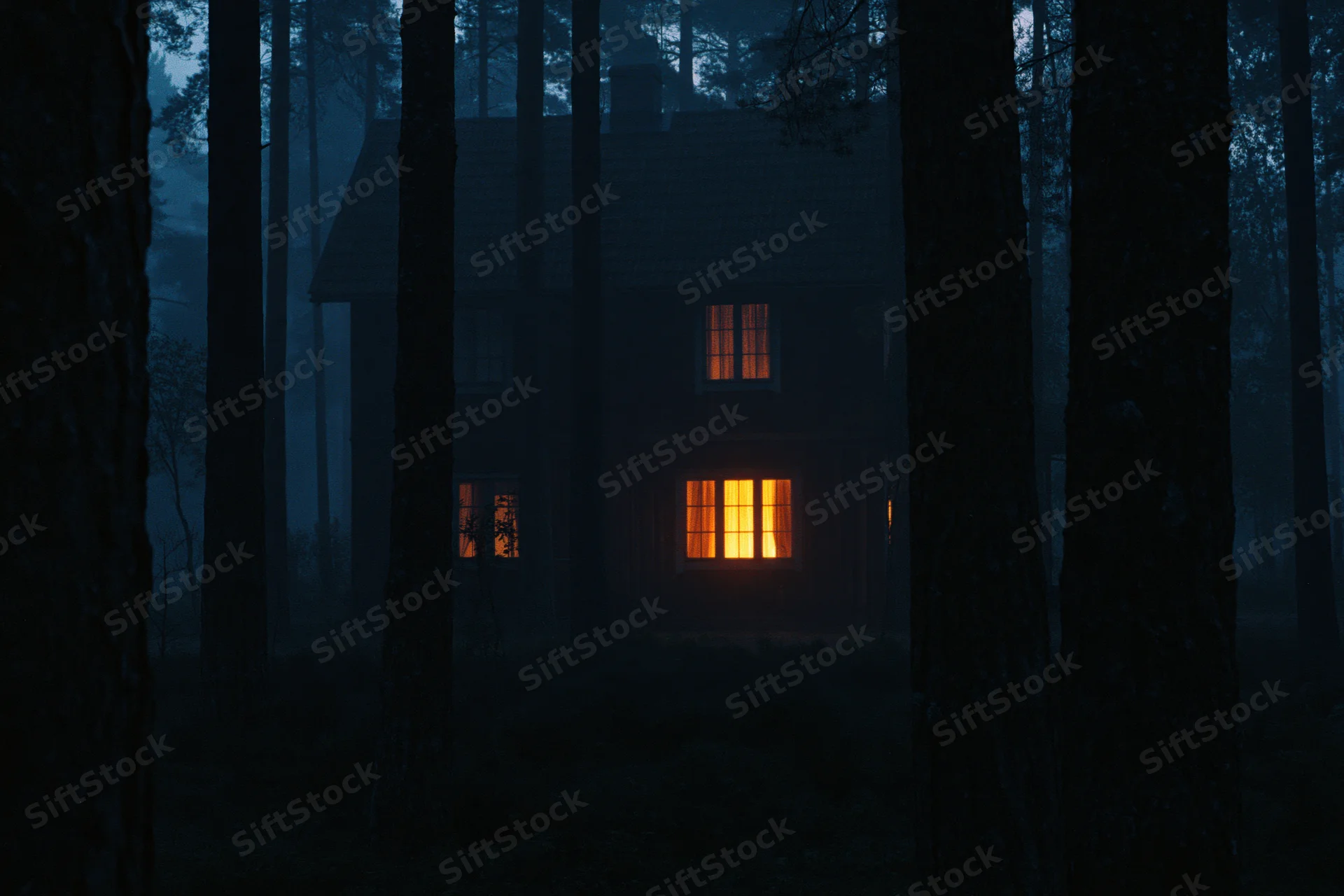 Old wooden house with glowing windows in dense pine forest at night