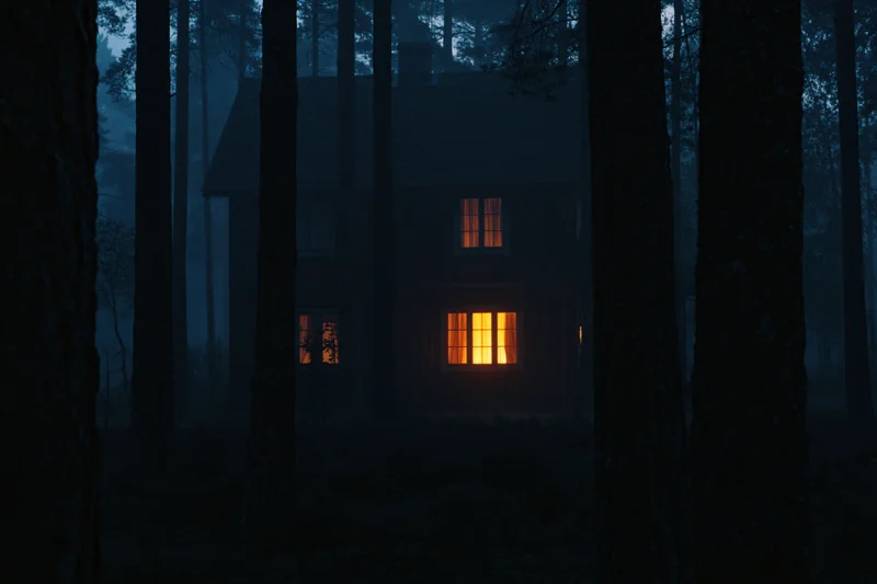 Old wooden house with glowing windows in dense pine forest at night