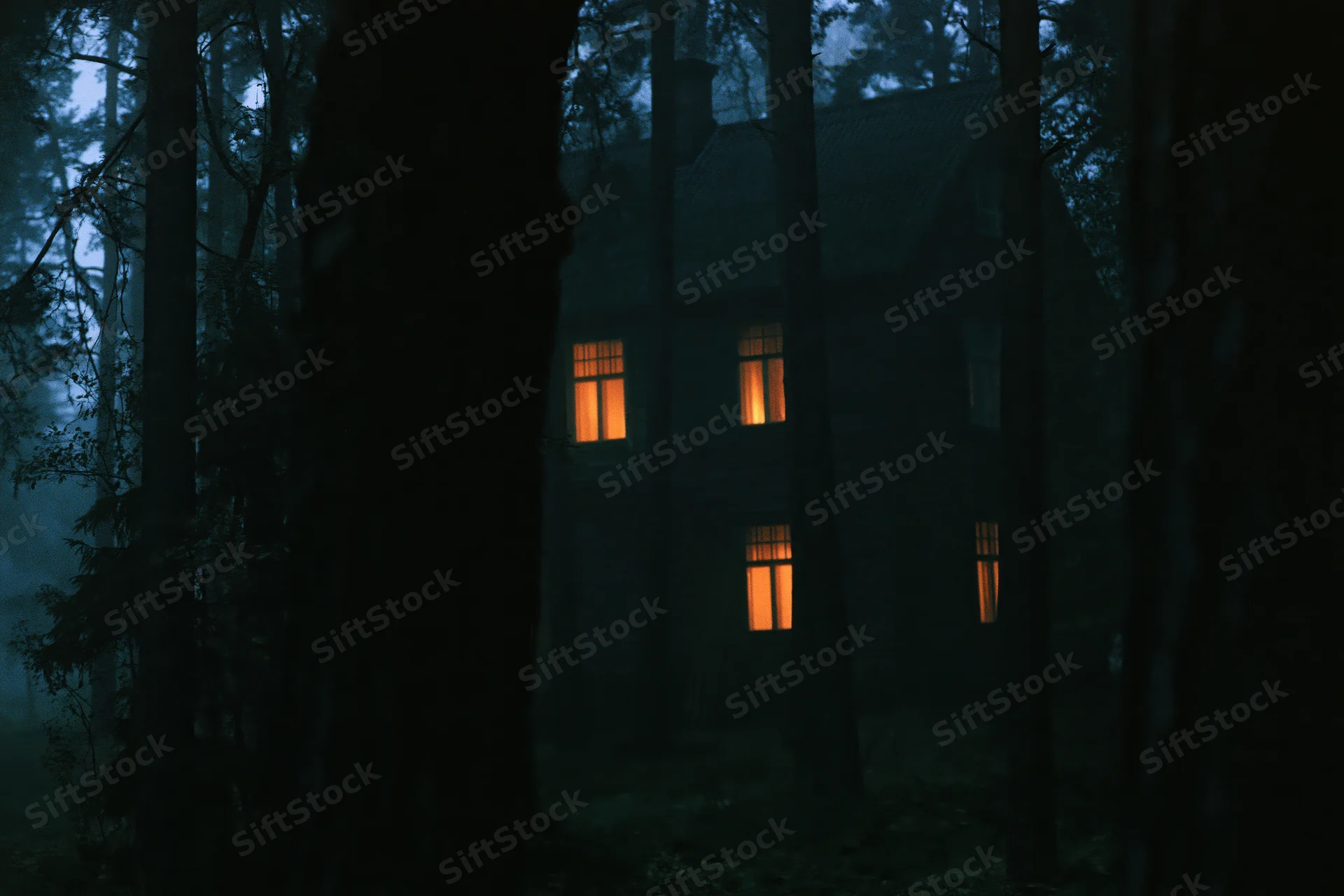 Old wooden house with glowing windows seen through dense pine trees at night
