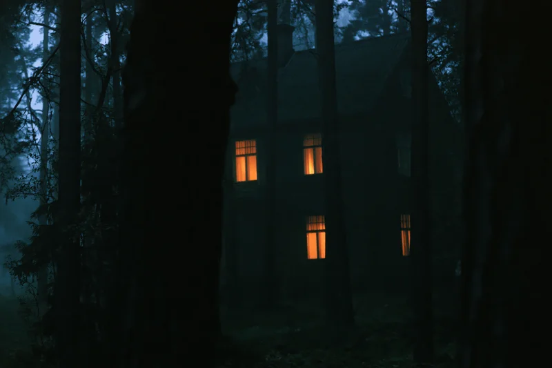 Old wooden house with glowing windows seen through dense pine trees at night