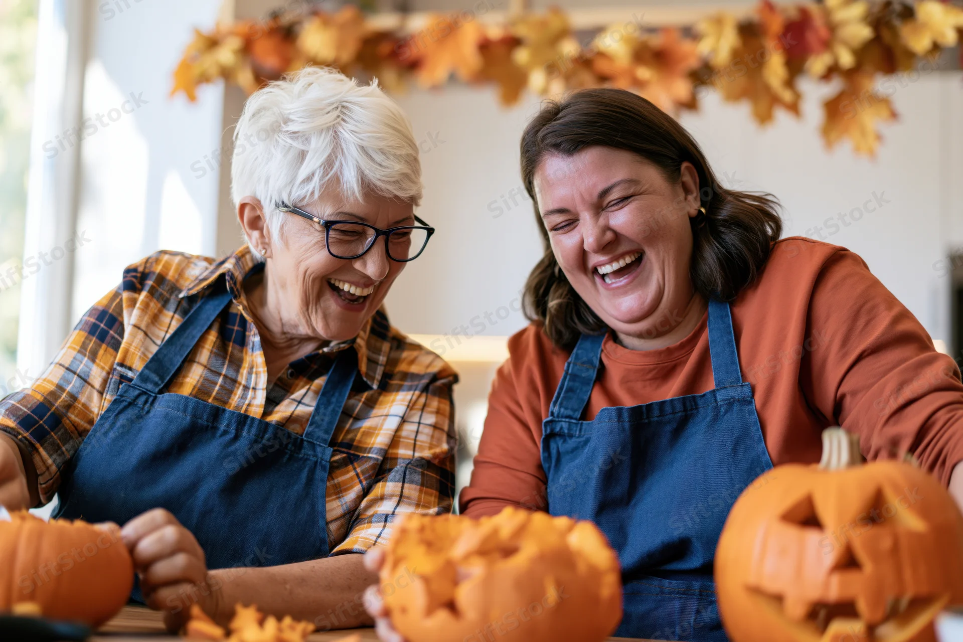 Two women laughing while carving pumpkins at a kitchen table decorated with autumn leaves