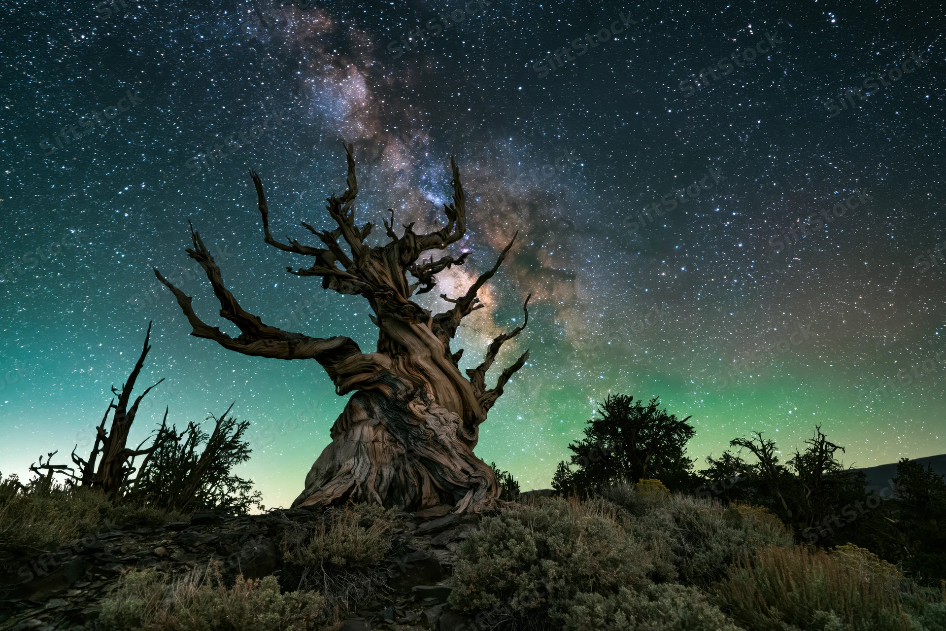 Ancient bristlecone pine tree with twisted bare branches silhouetted against a star-filled night sky with the milky way visible above a rocky alpine landscape