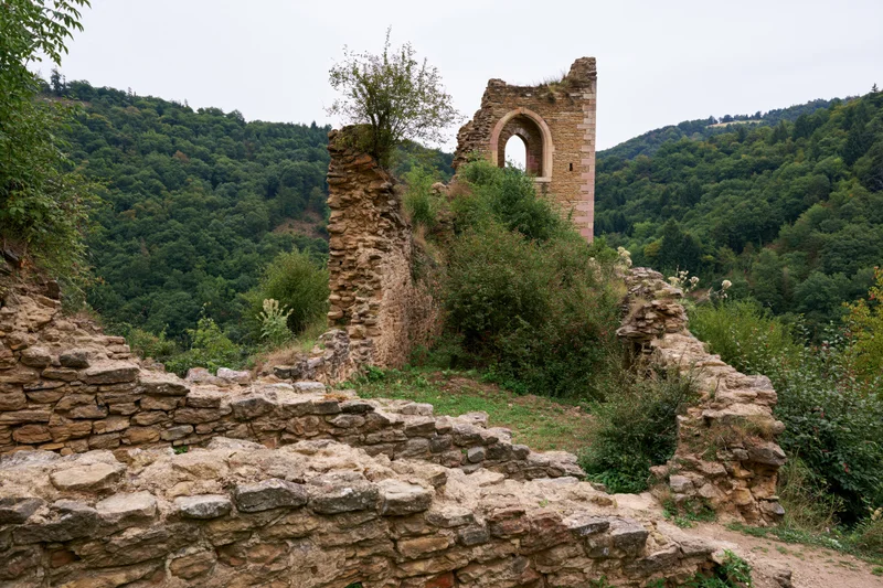 Ancient stone ruins with crumbling walls and an arched window opening, surrounded by overgrown vegetation and forested hills